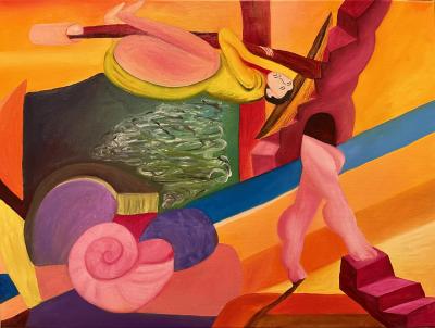 Abstract oil painting of orange and yellow background, pink conch shell in left bottom corner, legs coming out a stairway on the right and stepping onto another stairway in the bottom corner, and an individual hanging from a pole on the top left. The pole is coming out of the stairway that the legs are coming out of. 