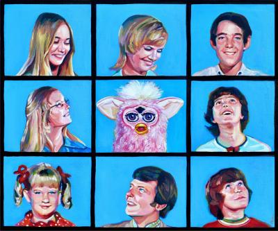 An oil painting of the Brady Bunch title screen, but a Furby is in the center in place of Alice. 