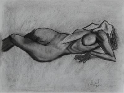 Figure drawing of a woman laying on her back with her arms supporting her chest so that she sits up slightly, and her head is thrown back, exposing the neck and hiding her face.