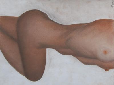 Cropped figure drawing of a woman laying on her right side, her calves, feet, and head not in the frame. Her back is twisted so that we can see her chest while also the right side of her body from the waist down. 