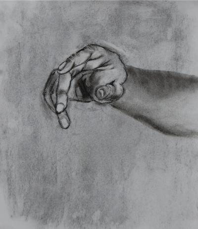 Charcoal drawing of a hand extended to the viewer, as if it is reaching for something.