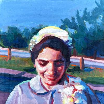 A mini painting of a mid century white woman in a purple dress close to the camera. She's looking down. 