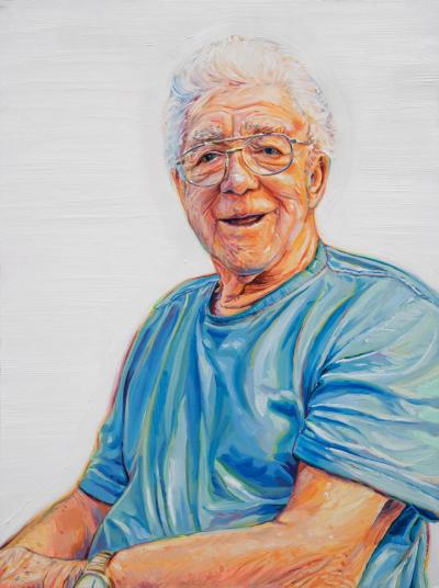 A chunky oil painting of an old man aged 93. He's smiling at the camera in front of a white background. 