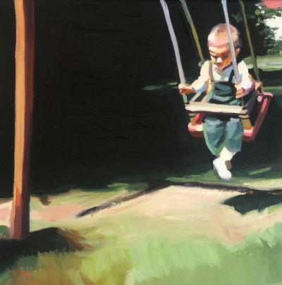 A two year old boy on a swing. He's all the way swung back. The background is black and dark green, and he's wearing green overalls. It is a brushy, vintage-y vibe. 
