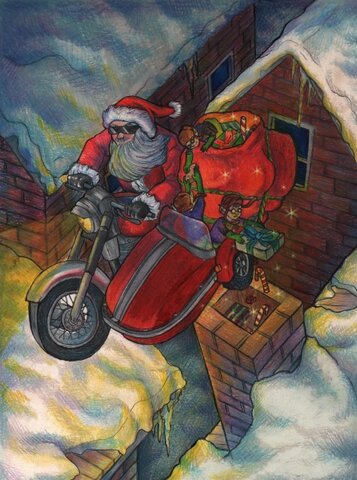 "The Christmas Motorcycle Express" Mixed Media piece by Zibonai Bonilla an Intermediate Artist from our Online Gallery.