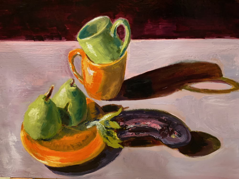 Eggplant and Pears Still Life