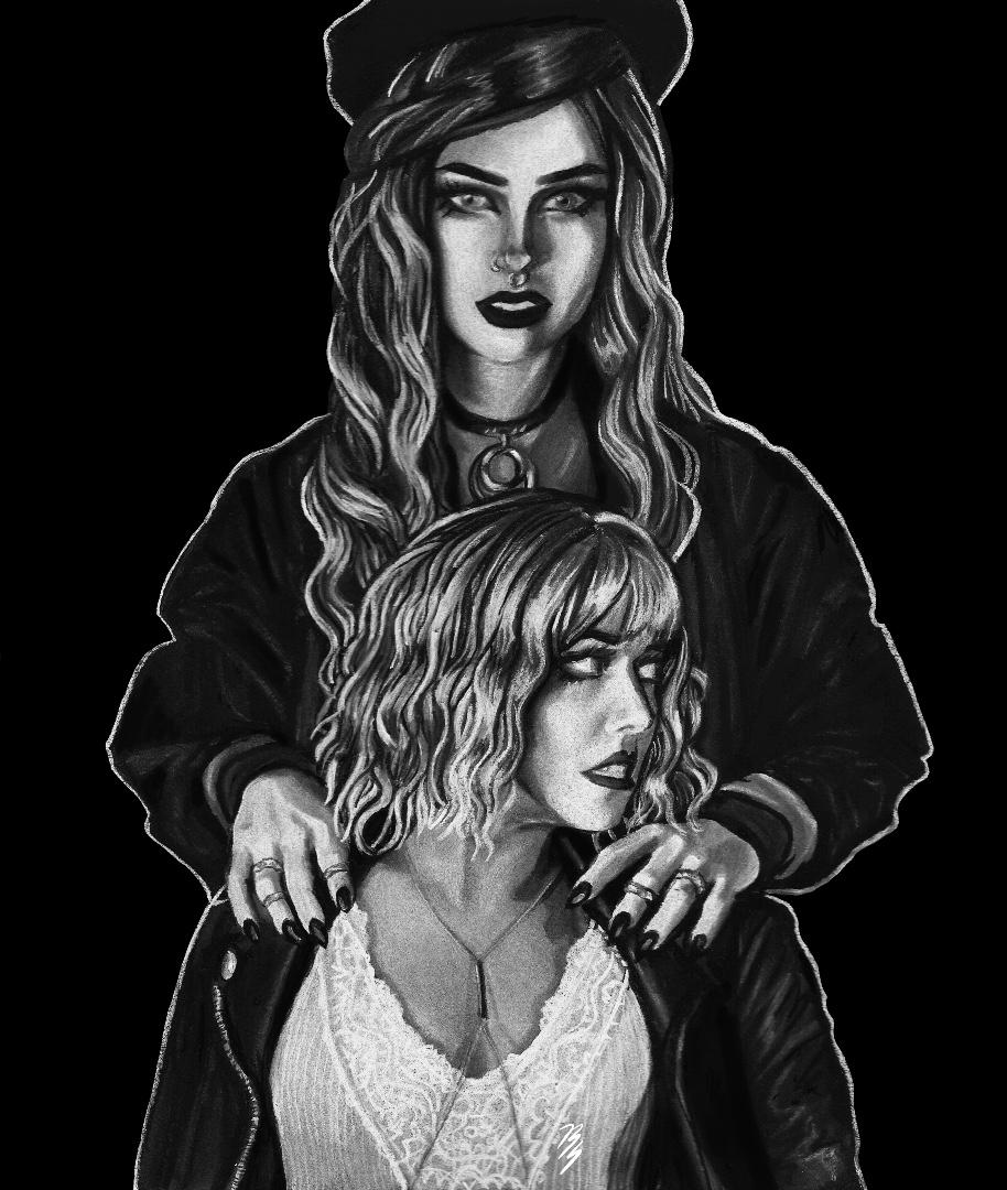 Black and white charcoal drawing of two girls, one standing behind the other. The girl in the front has shoulder length wavy hair and leather jacket. The girl in the back has her hands resting on the girl in the front and has long curly hair. Both girls have a goth/alternative fashion and attitude to them. 