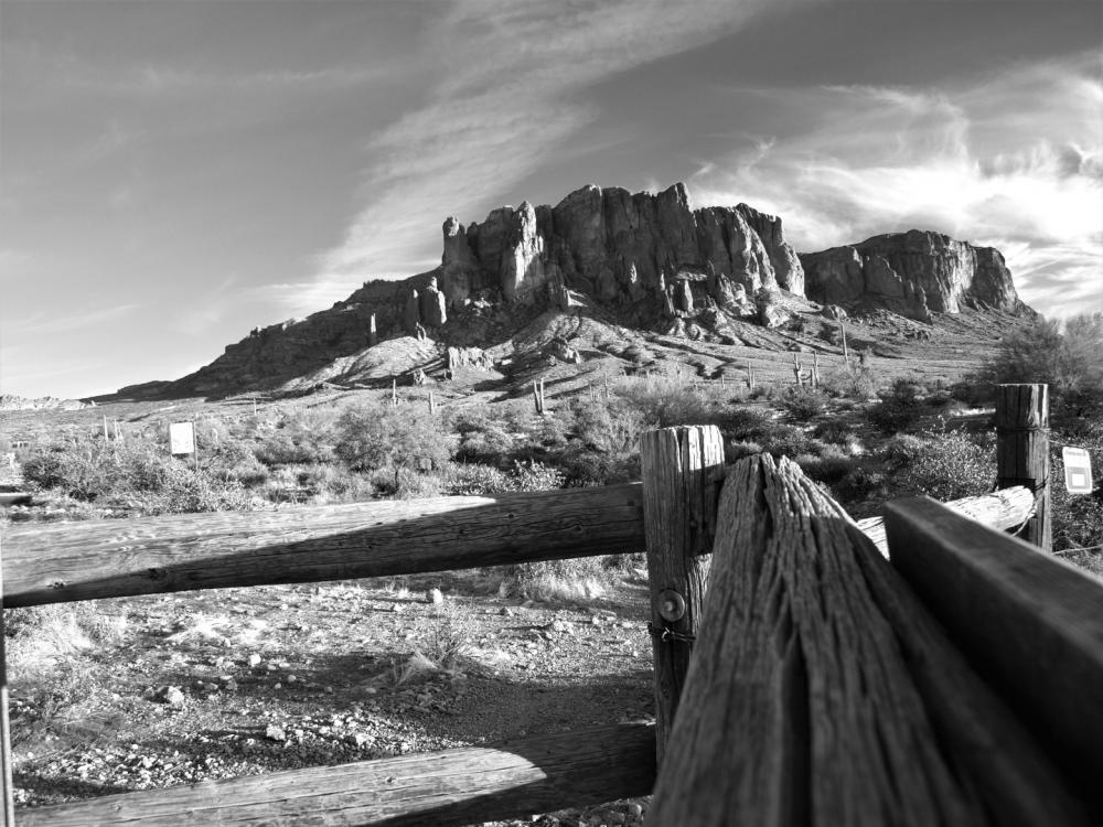 Superstition Mountain and fence