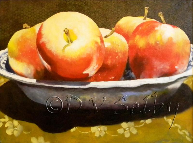 Oil Painting by De Selby of still life with apples in china bowl, www.dselby.com