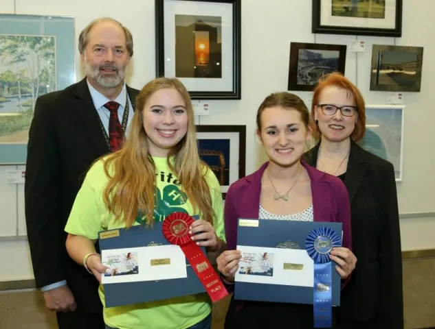 4th Annual Exhibit Teen Winners pose with Denny Probst, Executive VP of Minneapolis-St. Paul Airport and Sue Gens, Executive Director of the MN State Art Board.