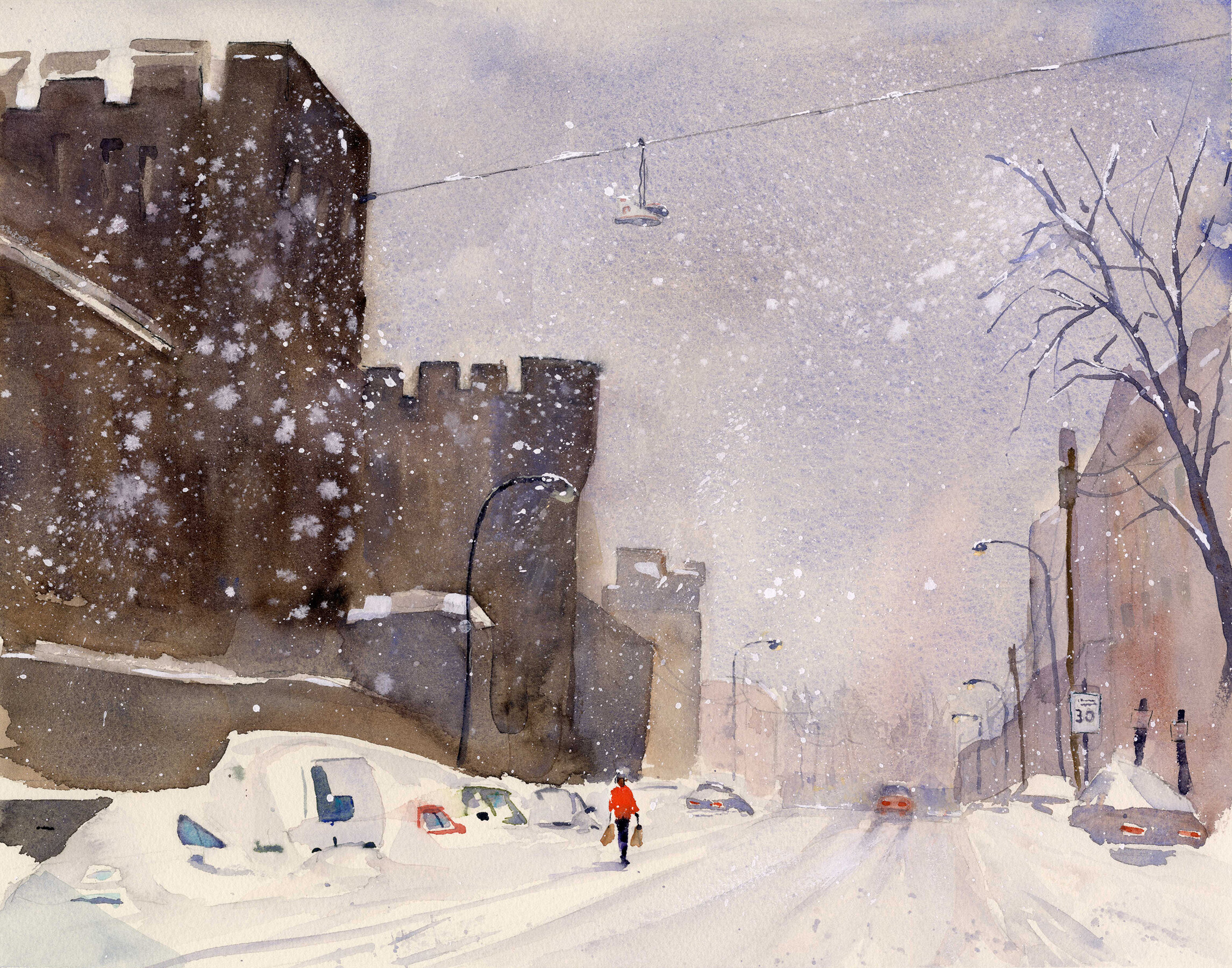 Eastern State Penitentiary watercolor snow scene