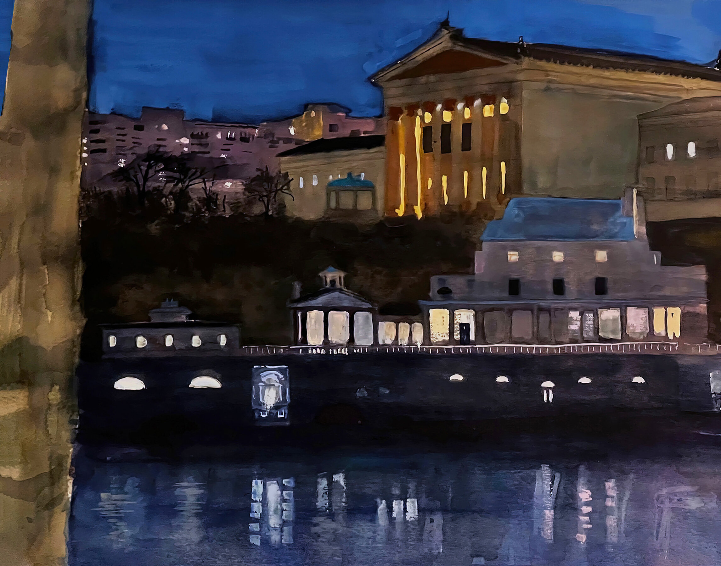 Watercolor of Philadelphia Art Museum and Waterworks