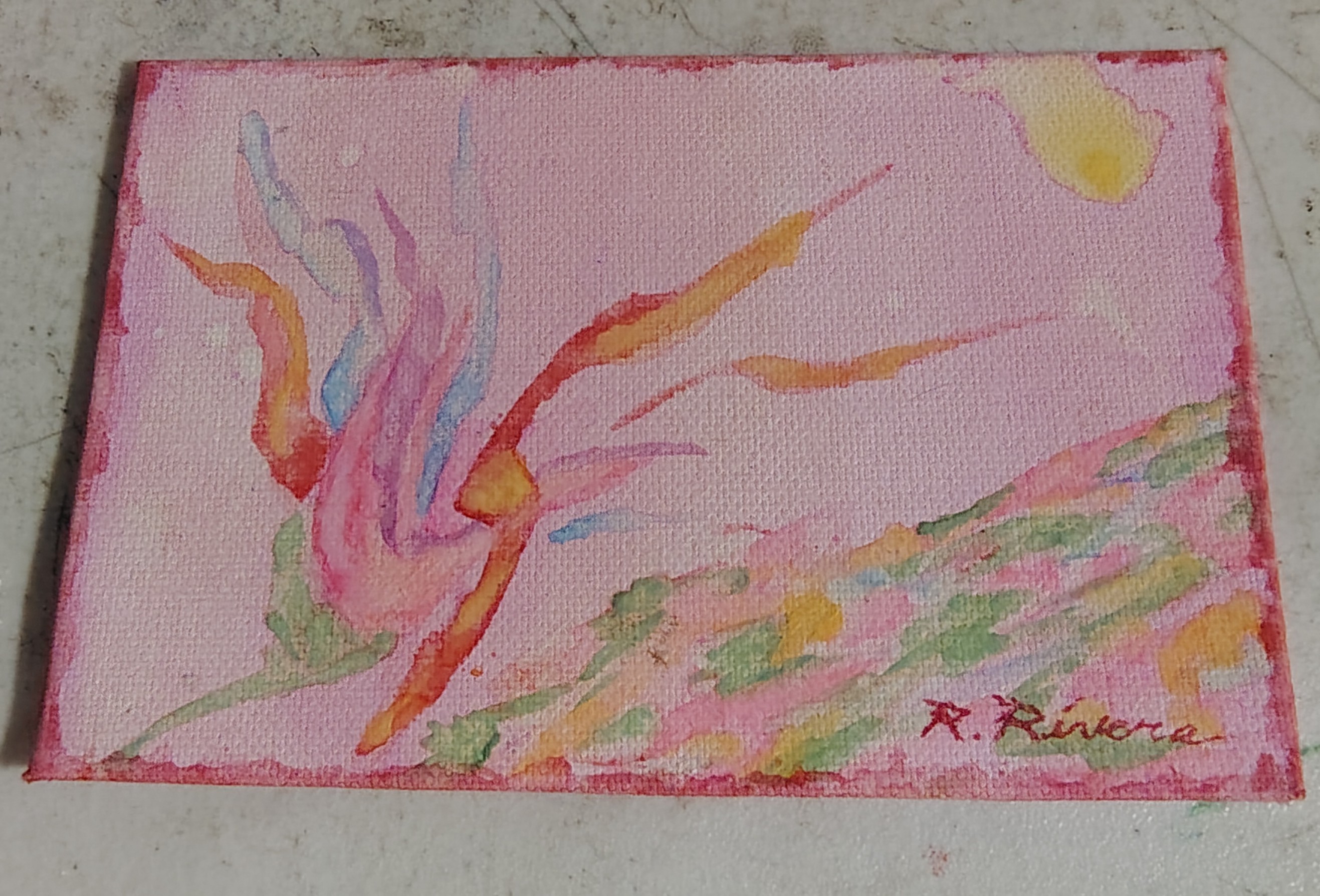 Abstract flower, sun and grassy hill 