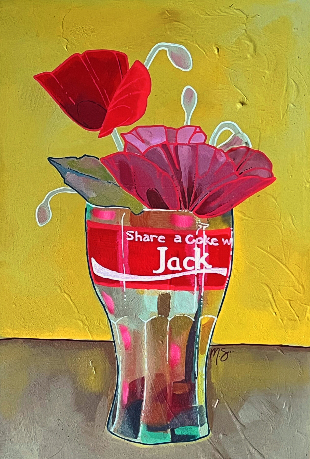 Red and green cola glass with florals 