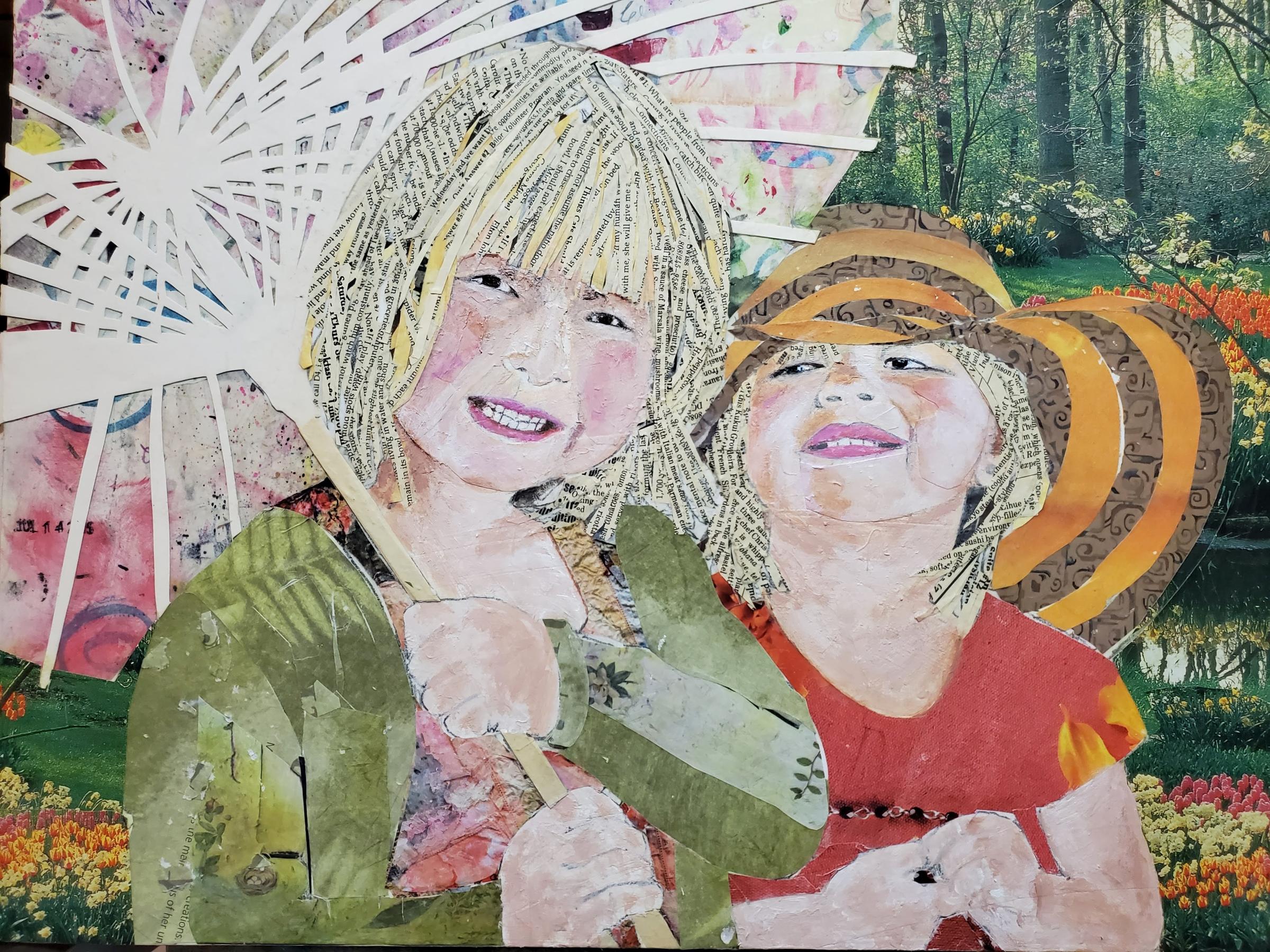 "Sisters" A torn and cut paper collage of two sisters, one with a parasol and the other with a floppy hat. Both are smiling.