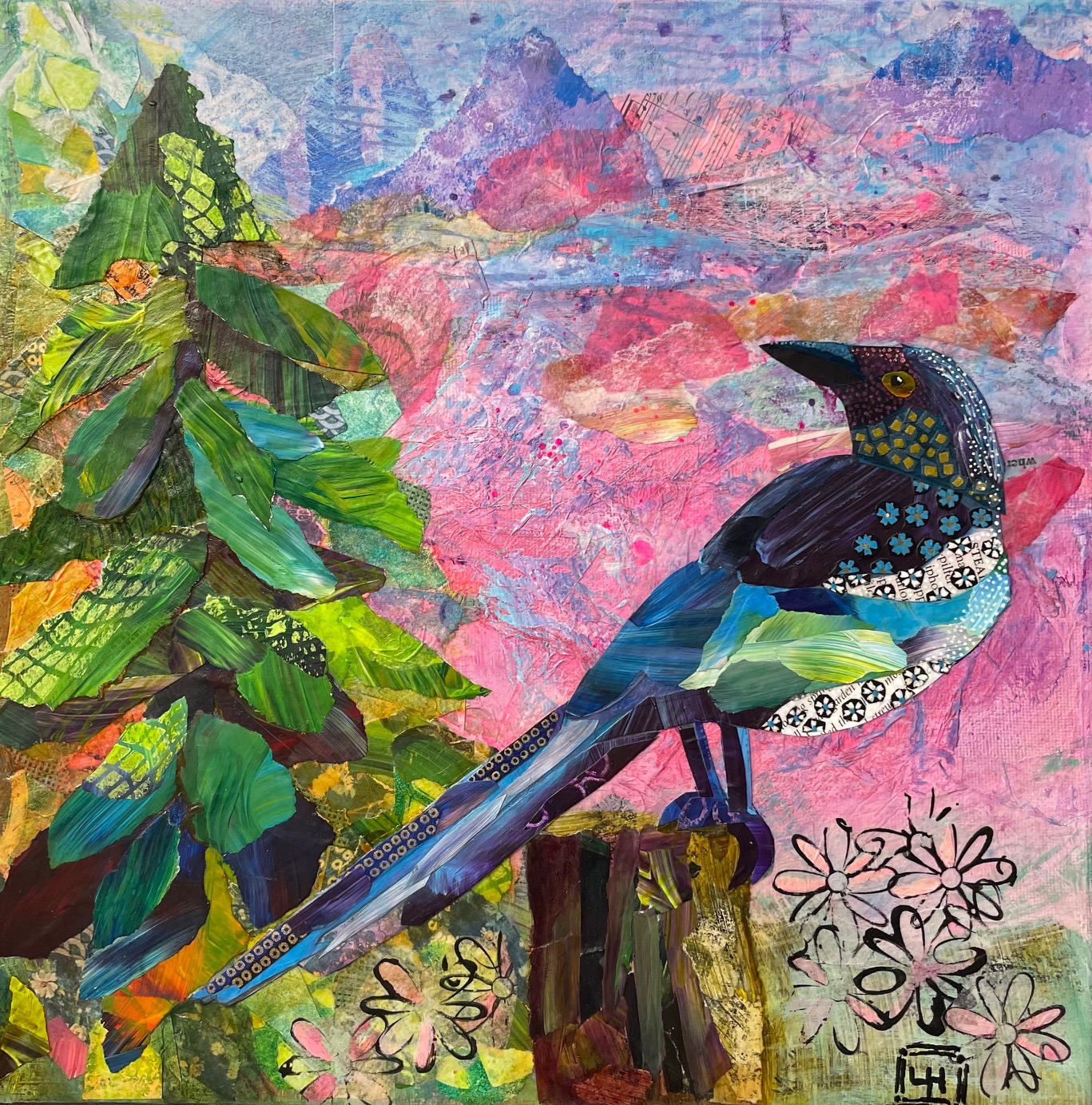 Mixed media torn-paper collage depicting a magpie bird perched on a tree stump with a pine tree and mountains in background.