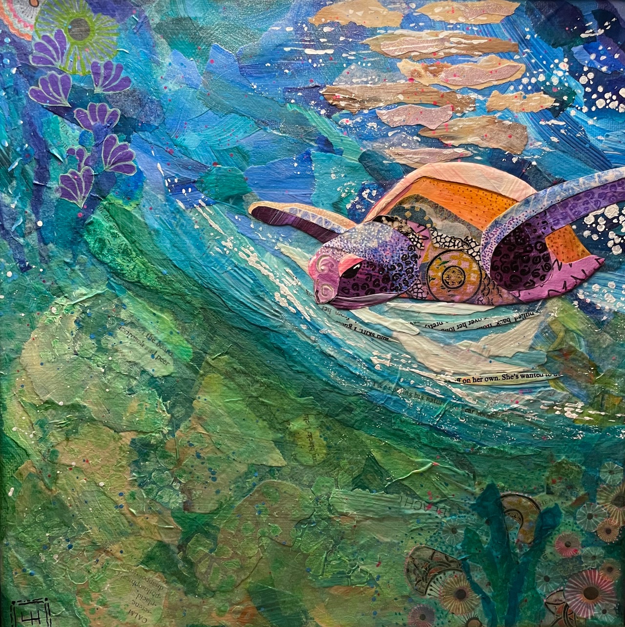Mixed media torn-paper collage of a swimming sea turtle. Ocean floor and coral reefs in background.