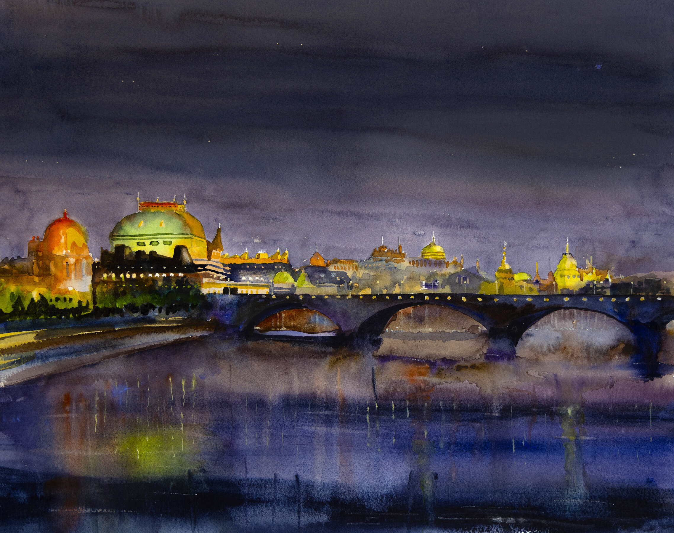 Budapest Hungary watercolor night scene with the Chain Bridge lit up