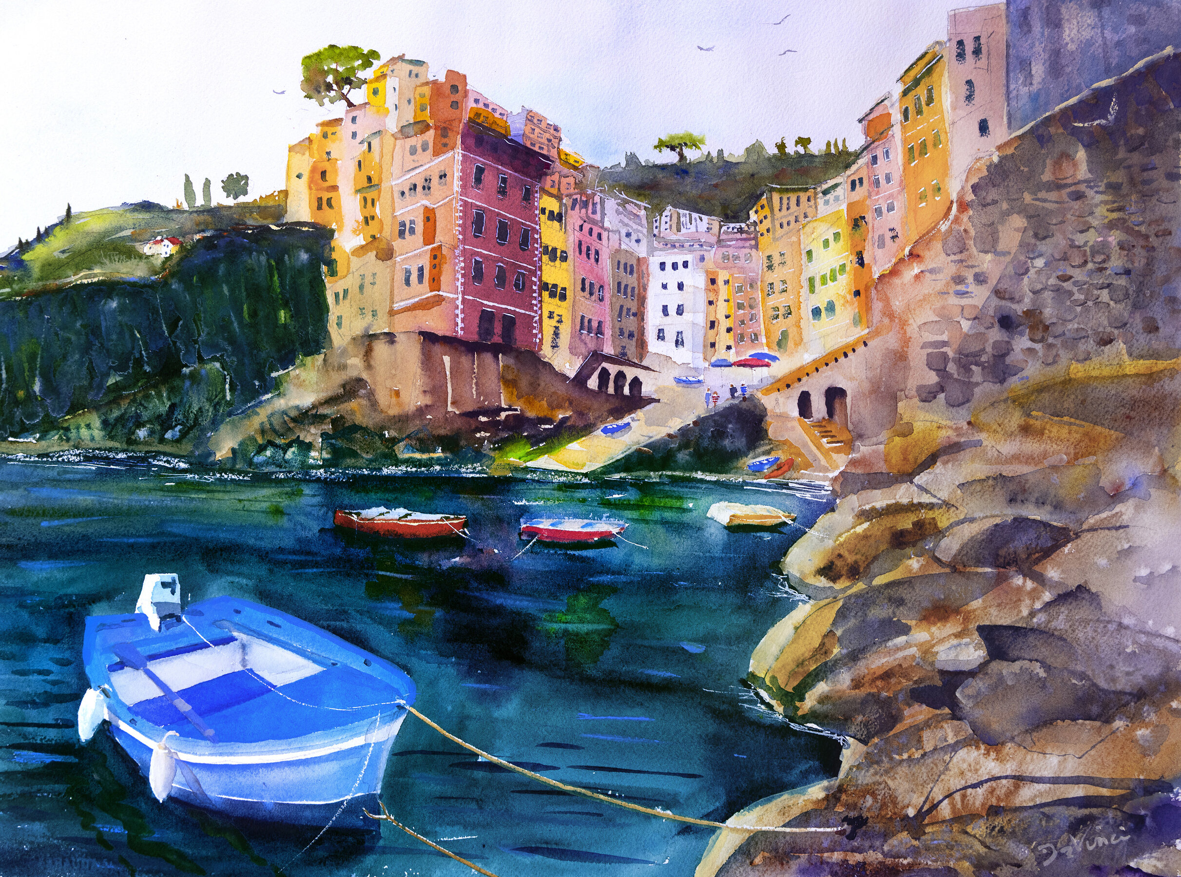  Riomaggiore Cinque Terre Italy with Blue Boat and Cliff Houses