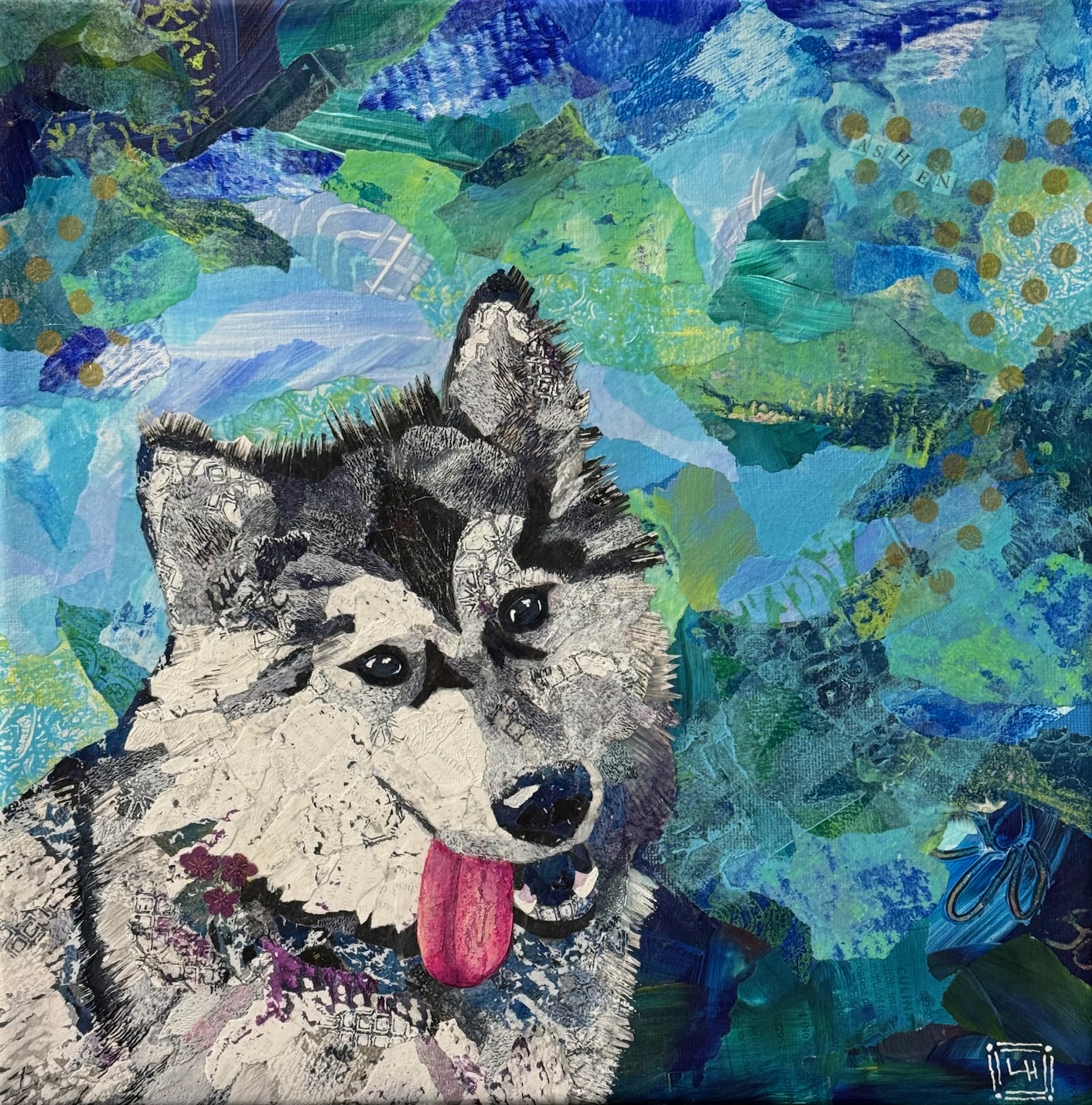 Mixed media torn-paper collage portrait of a black and white Malamute dog.  Abstract blue background.
