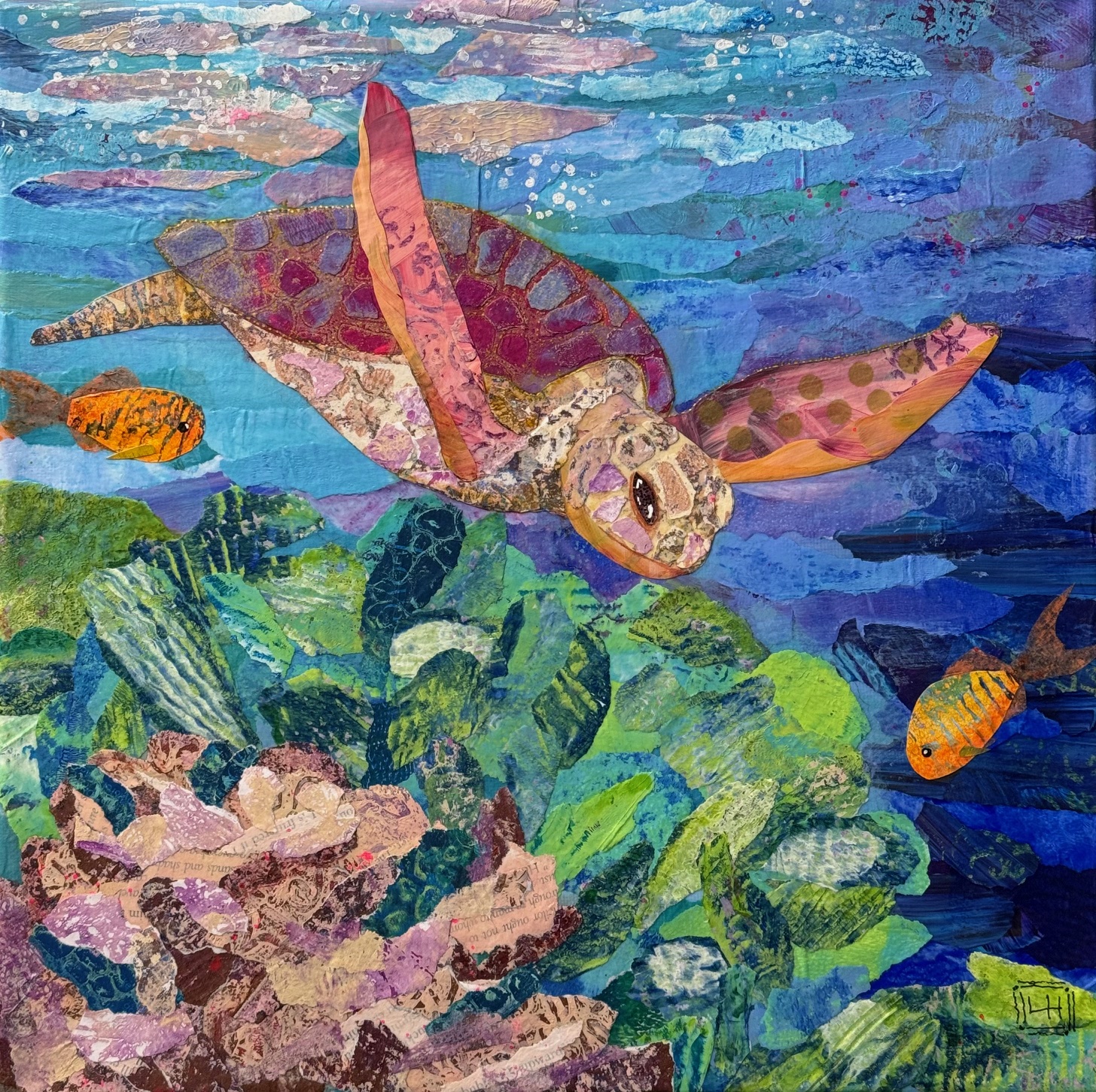 Mixed media torn-paper collage depicting a swimming sea turtle and tropical fish over ocean coral.