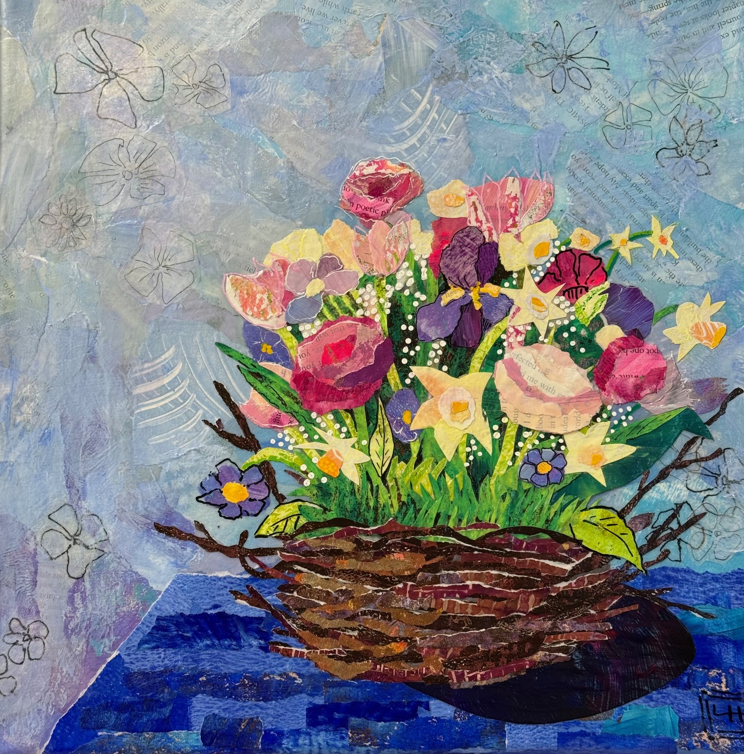 Mixed media torn-paper collage depicting a basket made of twigs containing an array of pink and yellow spring flowers.  Abstract blue background.