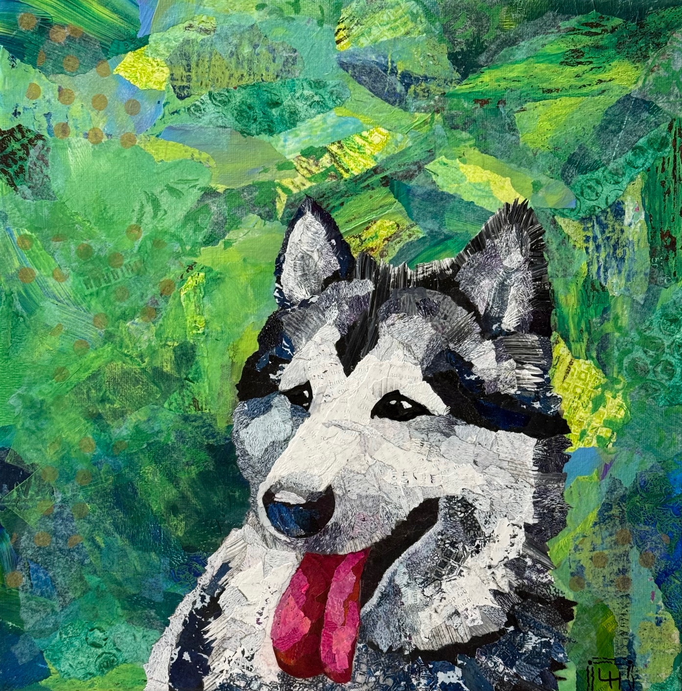 Mixed media torn-paper collage portrait of a black and white Malamute dog.  Abstract green background.