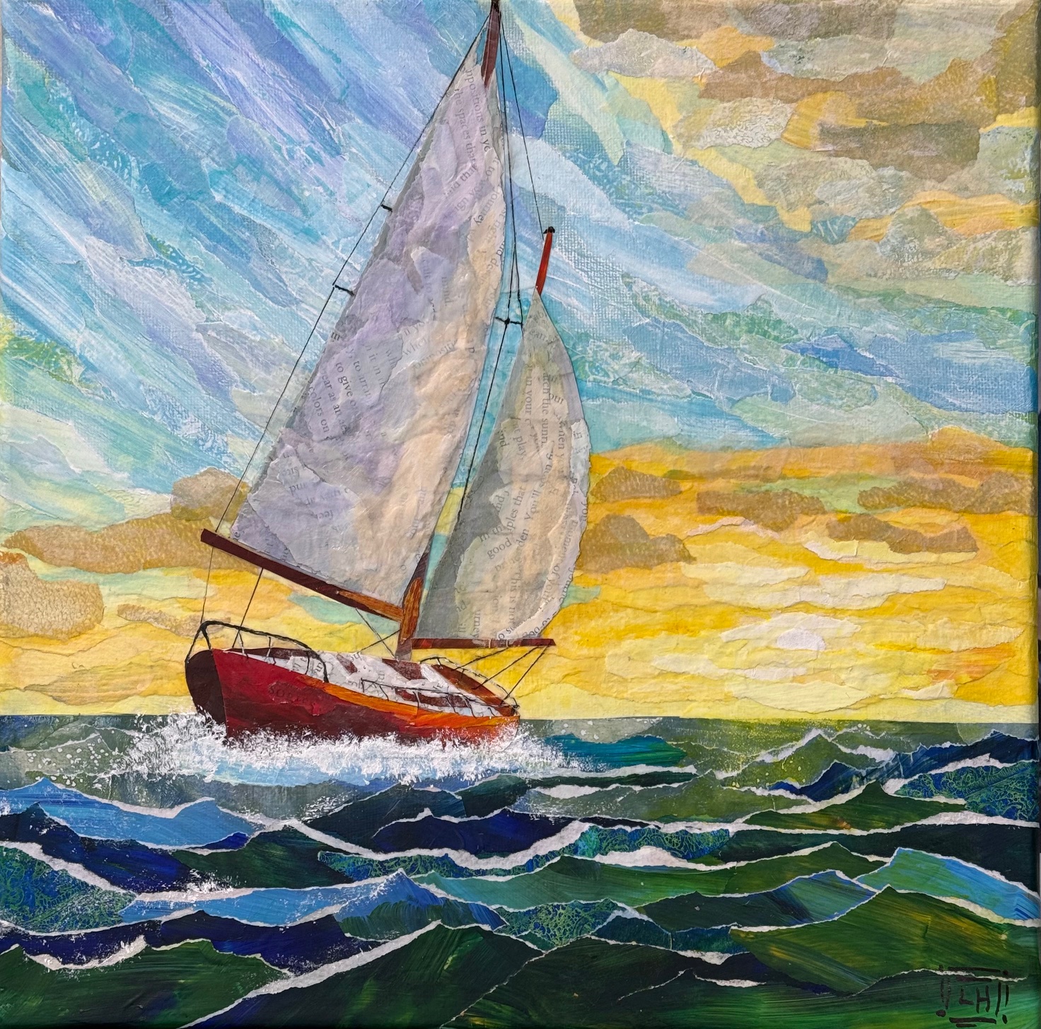 Mixed media torn-paper collage of a red sailboat sailing in choppy seas at sunrise.