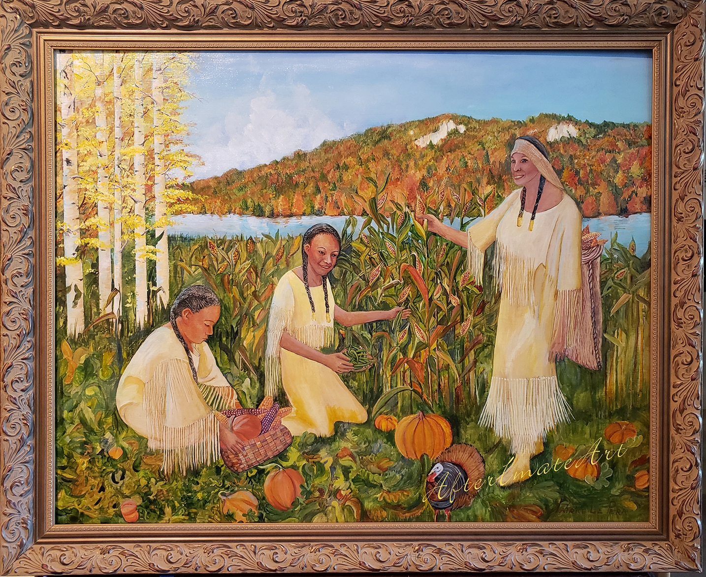 Three Sisters picking Corn Beans and Squash with traditional baskets