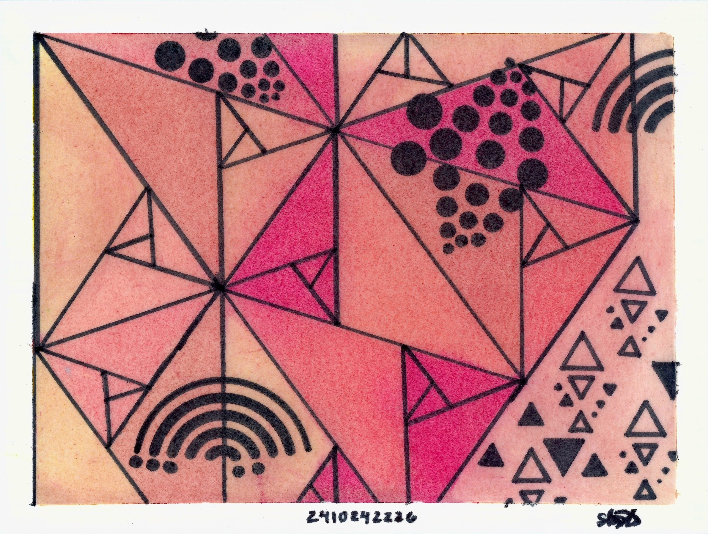 Geometric design of triangles and circles, on a paper, with red, yellow, and orange coloring. 