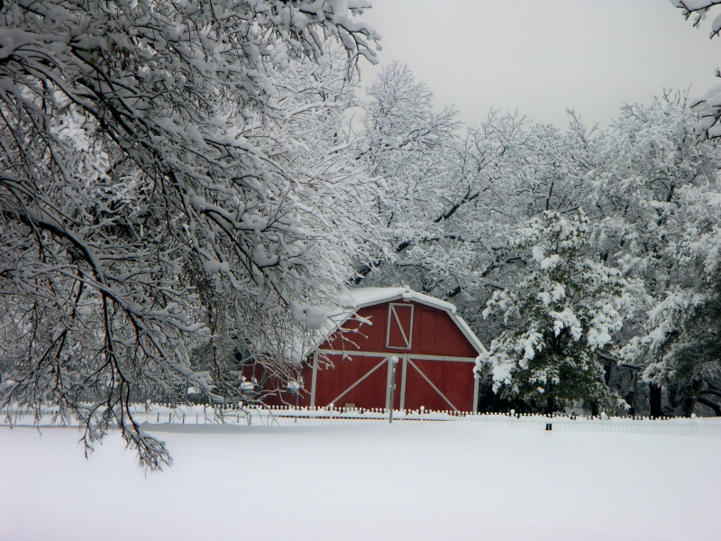 Snow Covered Red Barn