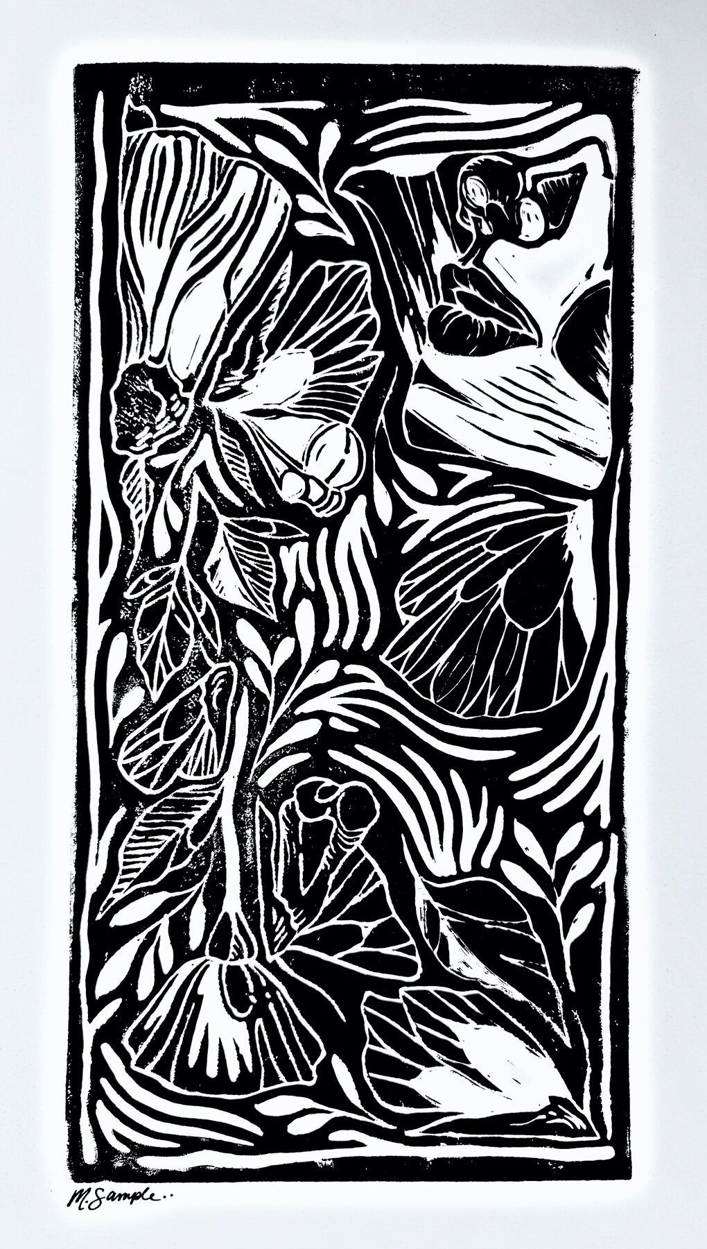 Black and white linoleum carving block print of florals