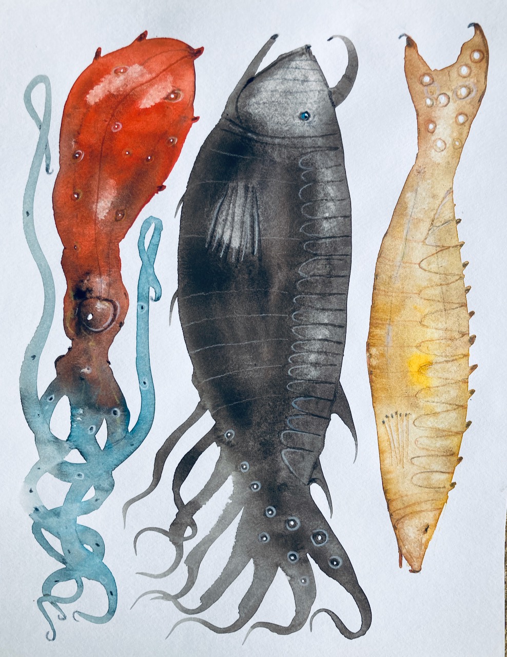 Gouache painting of imaginary fish, June, 2024. 