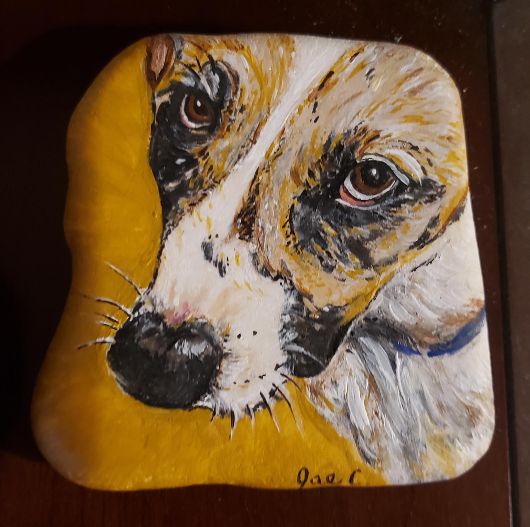 Closeup of Dog painted on rock, focusing on eyes.