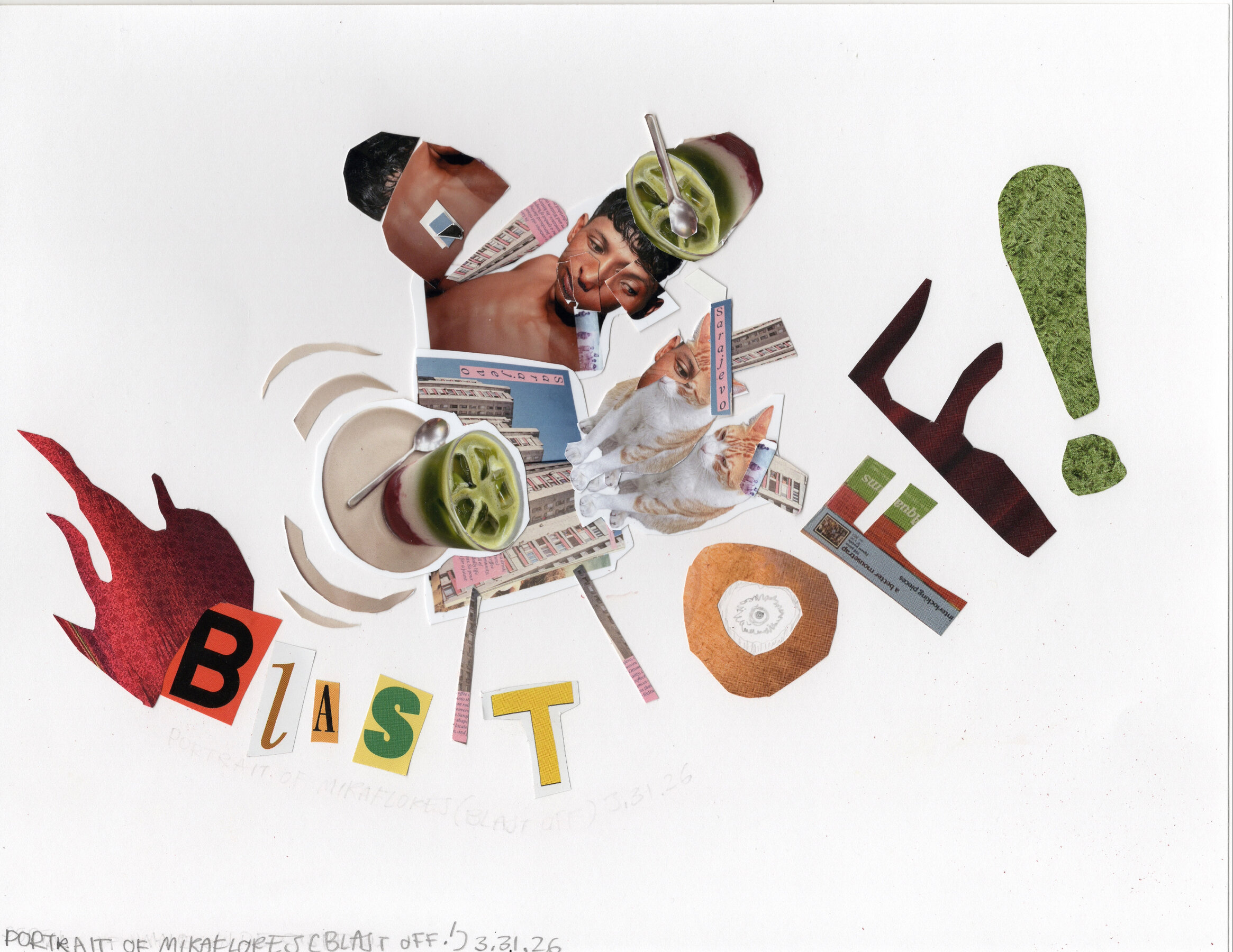 Collage with text reading "Blast Off," character made of city skyline, photo of boy, and stawberry matcha collaged above.