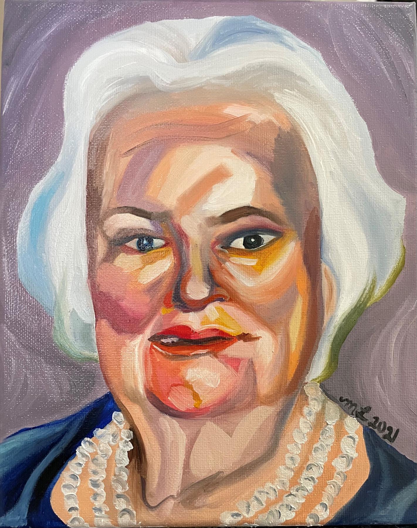 Loose saturated portrait of old woman sporting a white bob and pearls