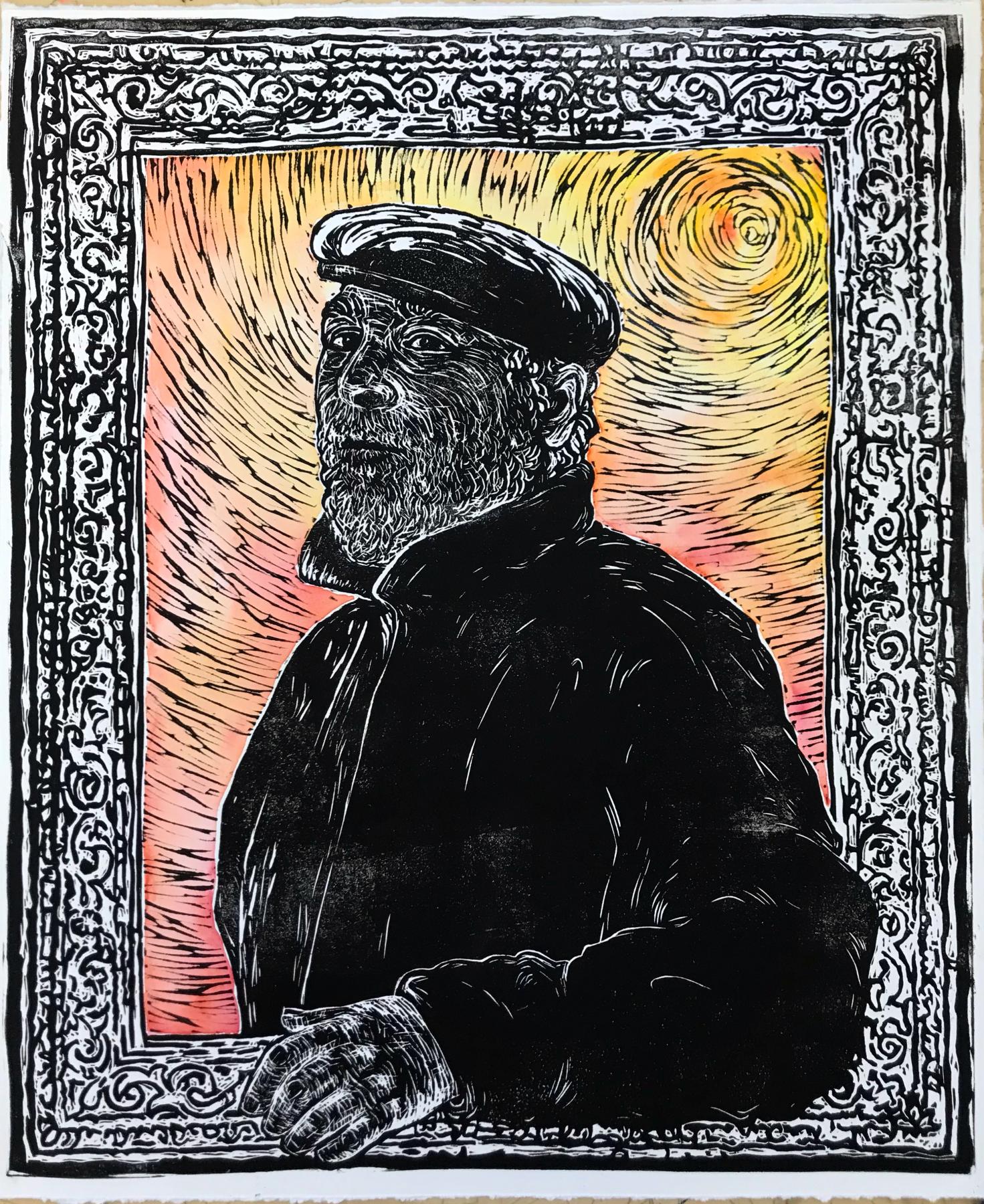 linoleum print of my father, hand out of the frame, in both worlds, calm and wise