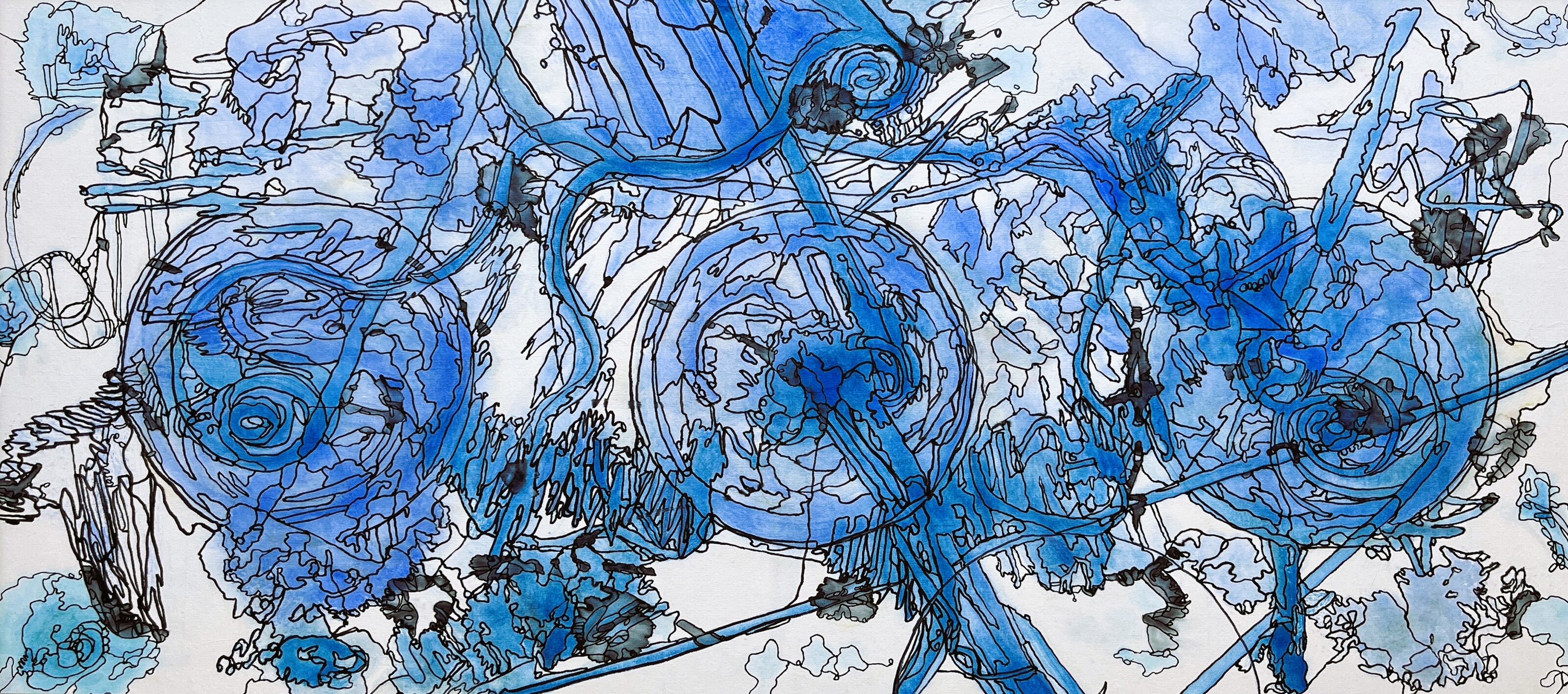 abstract watercolor with circles and lines in various shade of blue