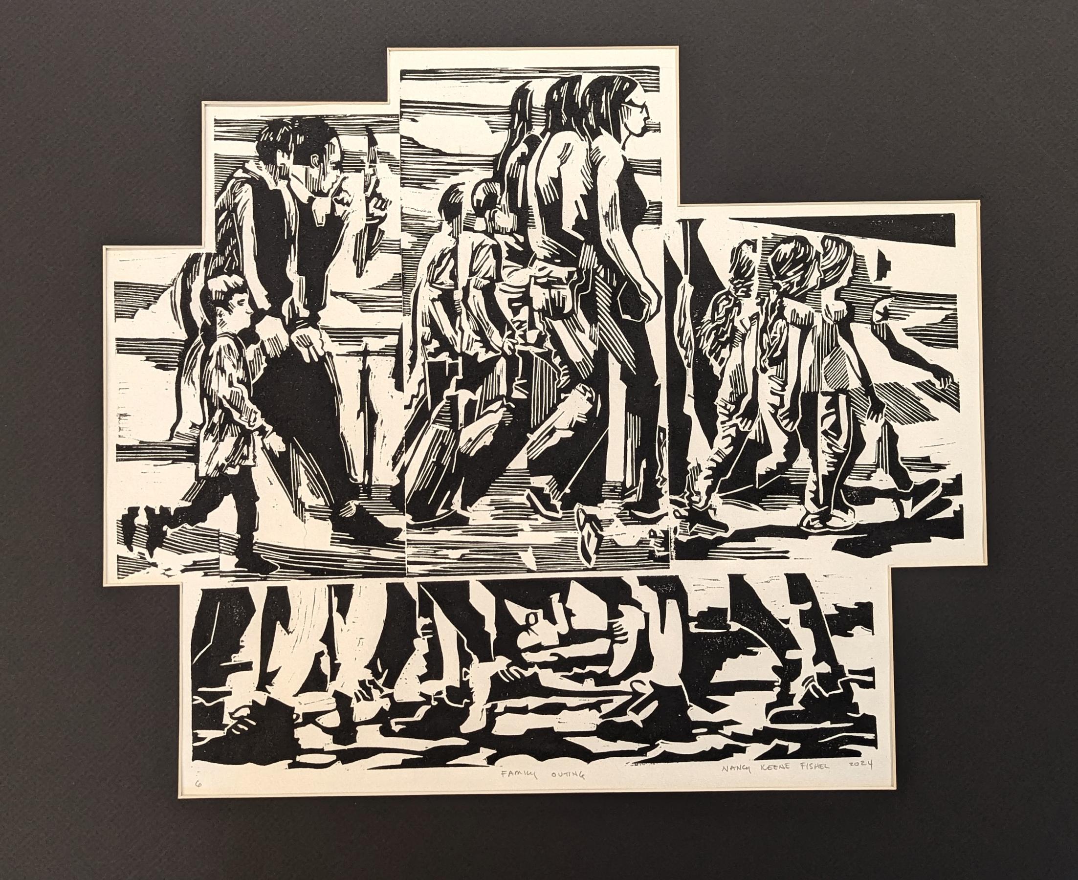 Block print of people walking