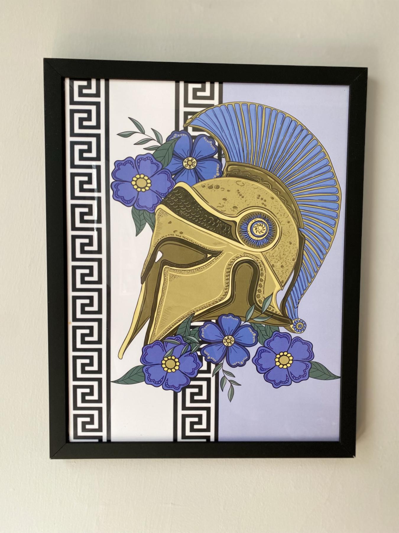 Spartan war helmet and American traditional flowers, digital drawing printed on paper 