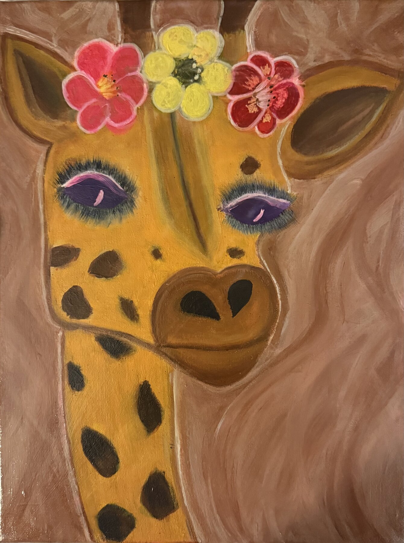 a giraffe with flowers