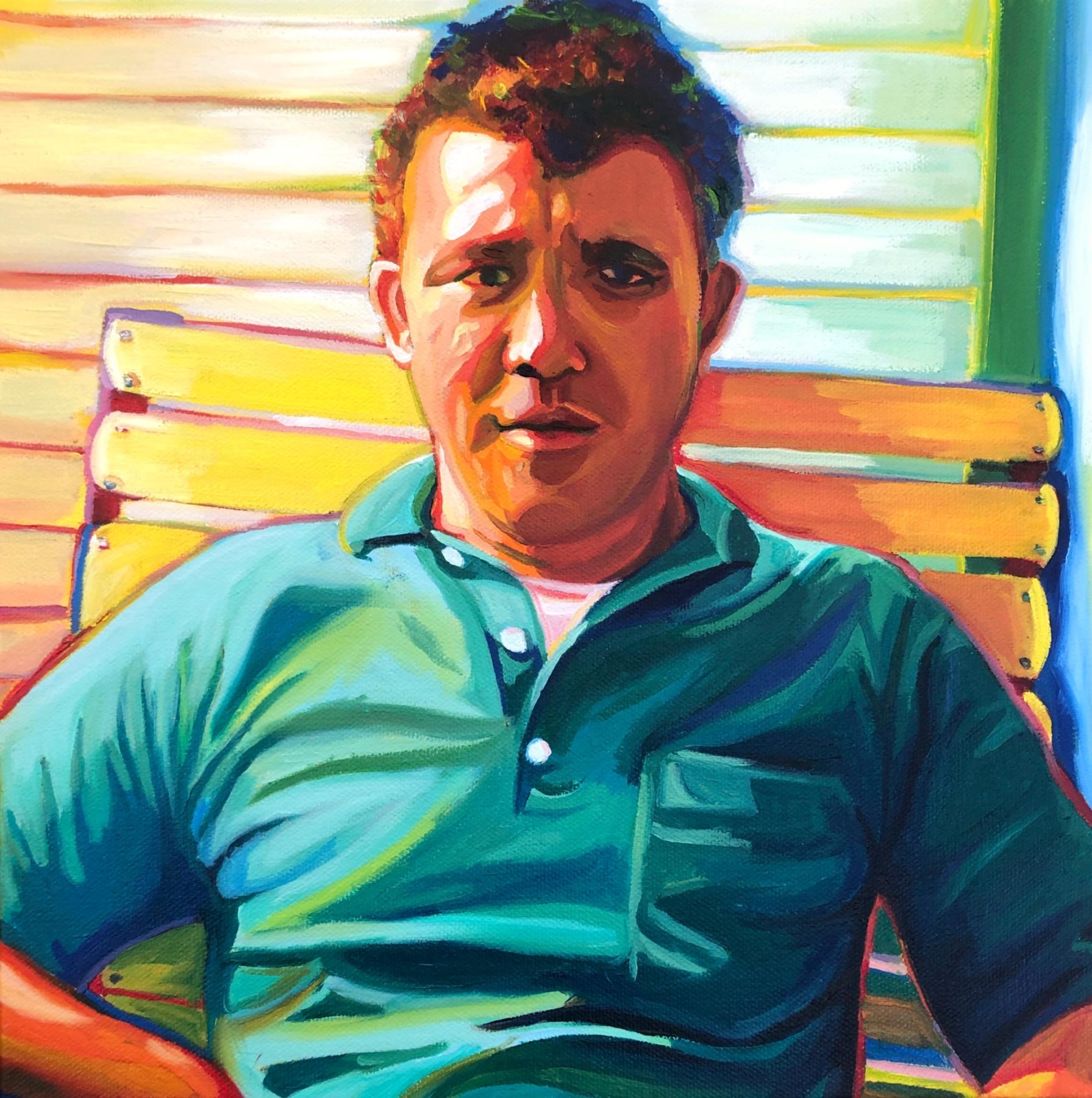 A technicolor up close portrait of a mid century man in his mid thirties. He's wearing a green polo and making eye contact with the camera. 