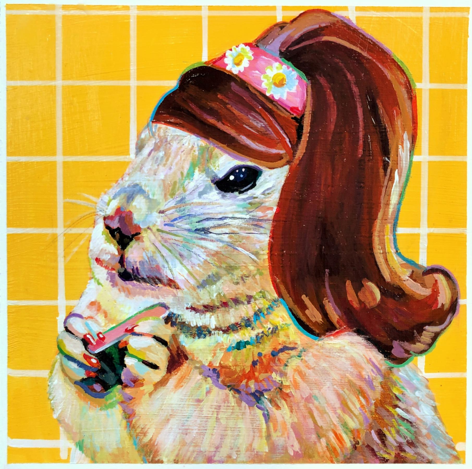 A prairie dog with a mid century auburn hairstyle. She's filing her nails. 