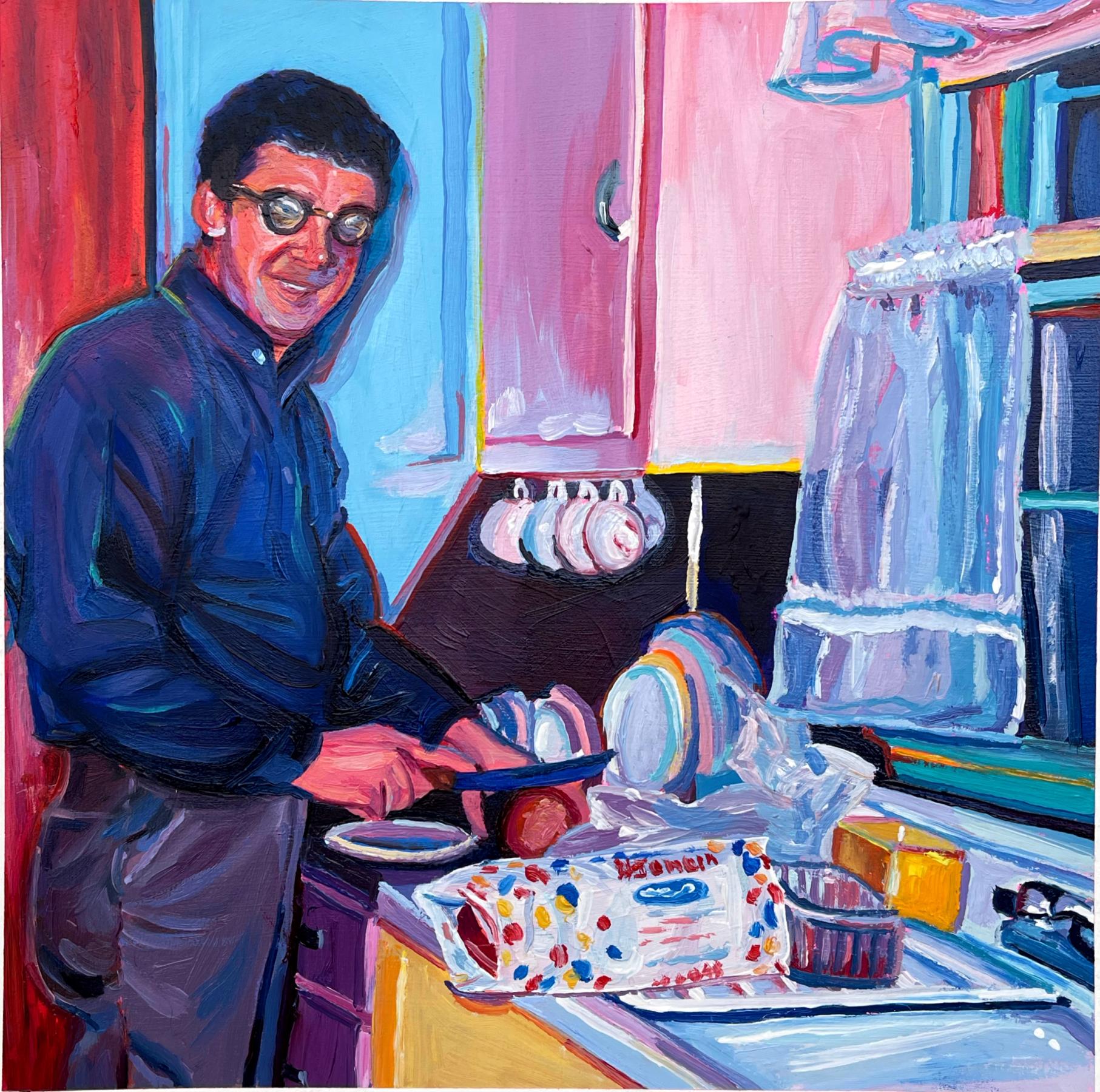 A mid century man preparing a sandwich with wonder bread in his pink and blue kitchen. He's smiling at the camera. 