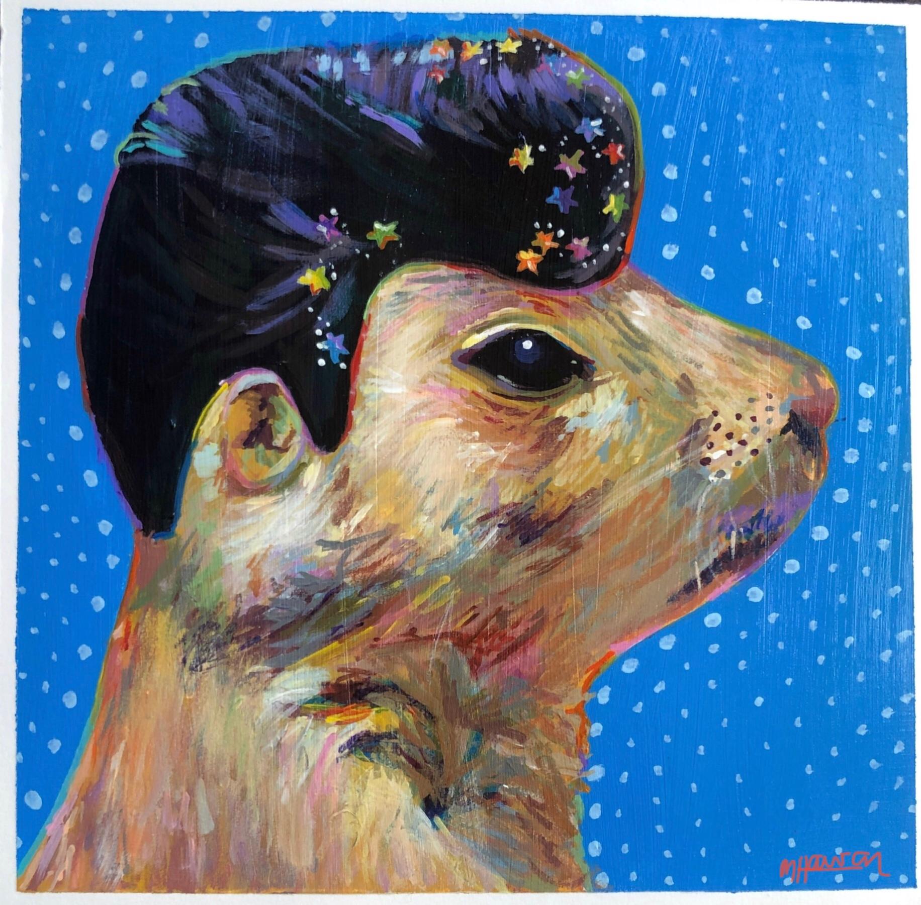 A prairie dog with Elvis hair, and glitter stars in his hair. A blue background. 