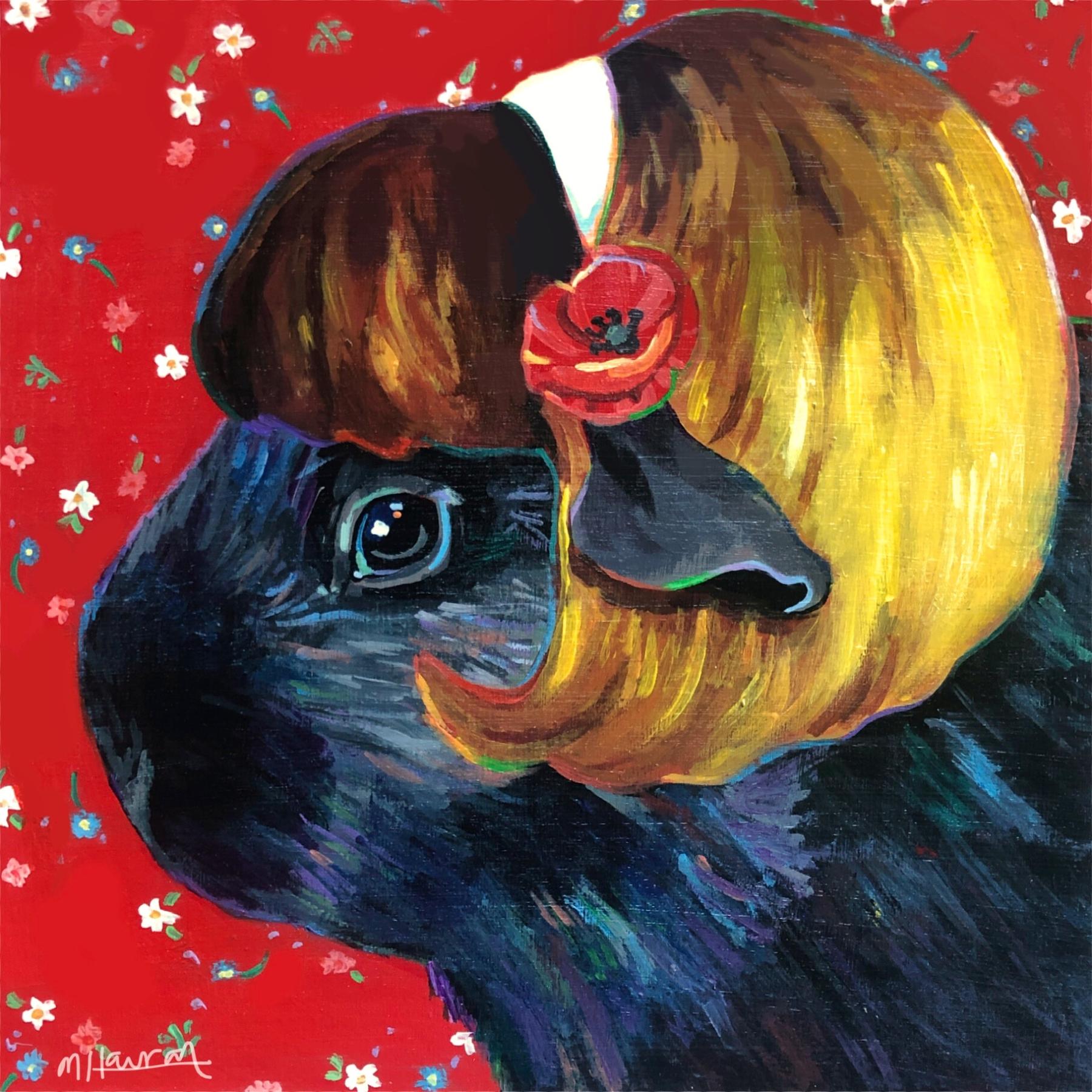 A black guinea pig with a yellow mid century hairstyle. She has a white headband, and the background is floral red. 