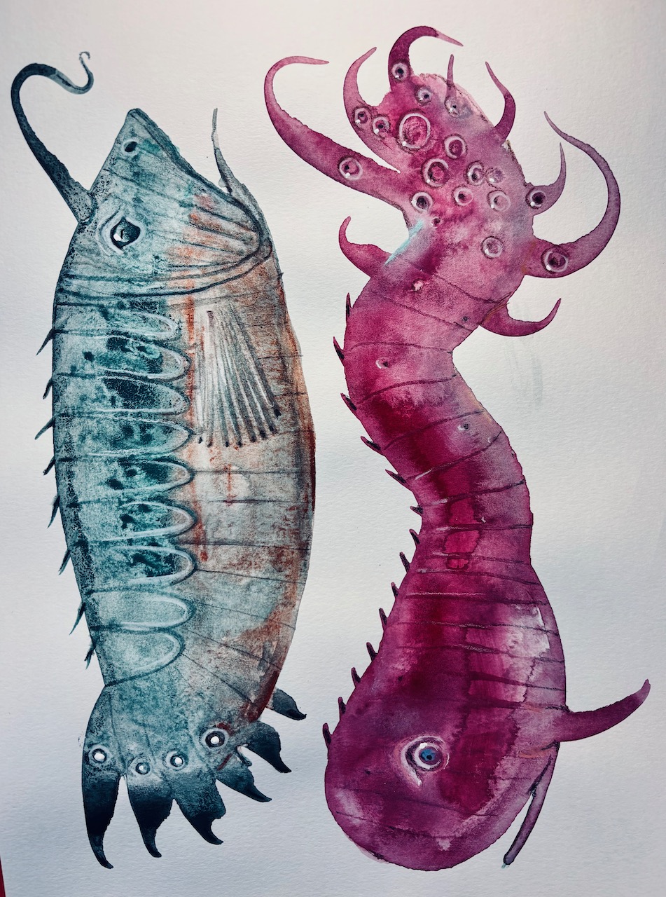 Two fishes. Painting in gouache, December, 2024.