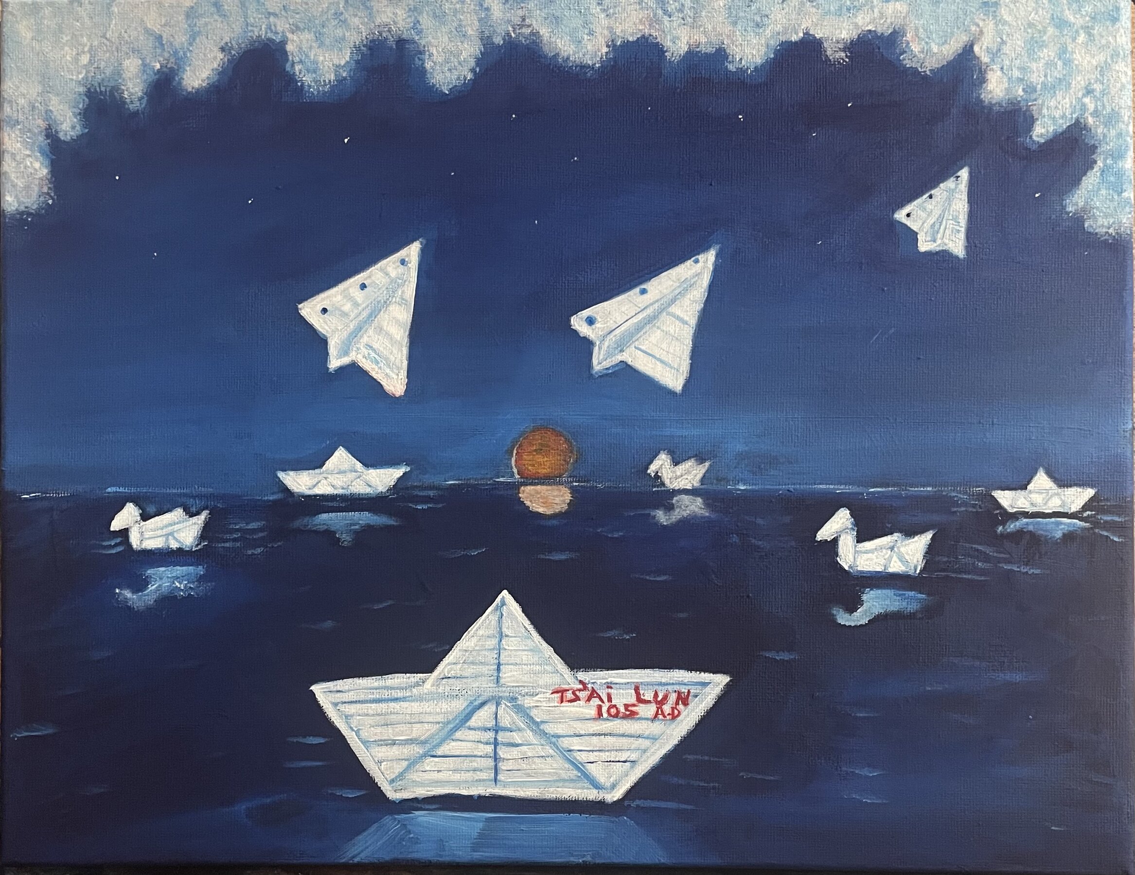 origami sunset with paper planes , boats and swans