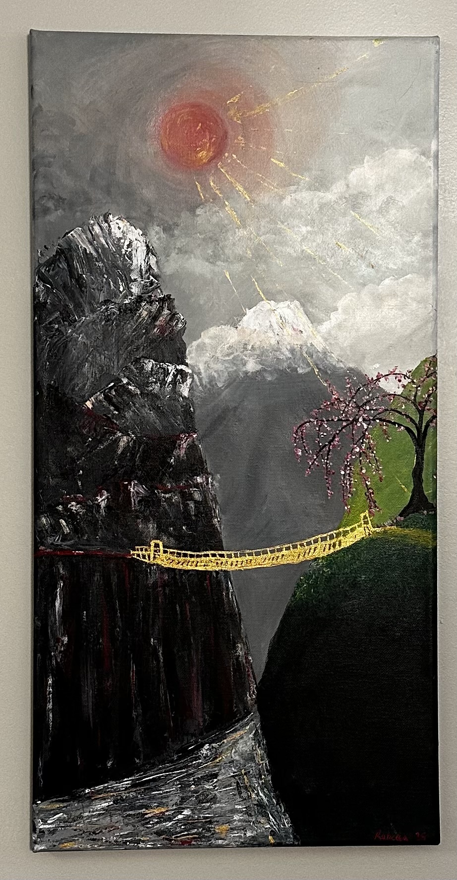 Japanese style painting of high mountains with a golden bridge to a verdant weeping cherry