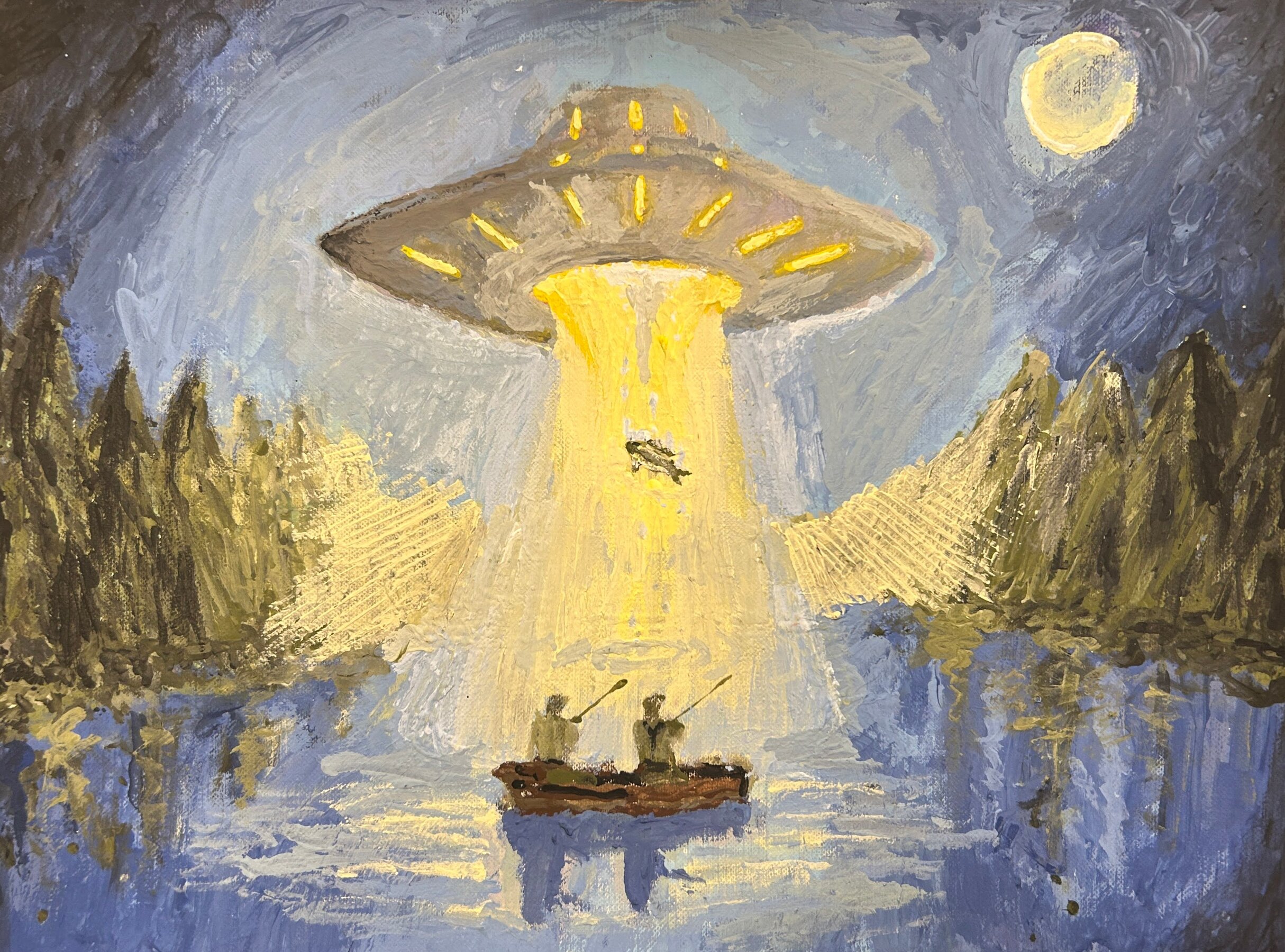 A flying saucer abducts two anglers' catch away from them.